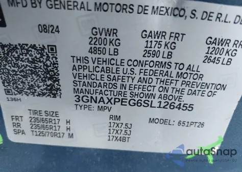 2025 Chevrolet Equinox Awd Lt from USA, damaged, VIN 3GNAXPEG6SL126455